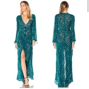 For Love and Lemons Elegant Teal Lace Maxi Dress